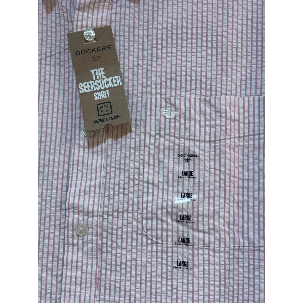 Dockers Mens Seersucker Shirt Pink White Striped Short Sleeve Button Down Large‎